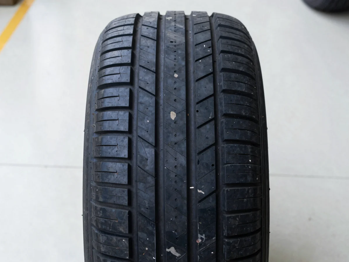 Close editorial photo of a passenger car tire tread on a clean wo