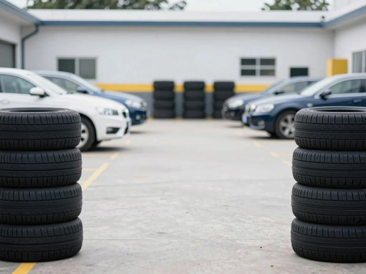 Editorial photo of a local tire workshop with cars in the backgro