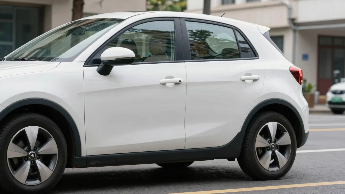 Editorial automotive photo of a small city car on a low-rise urba